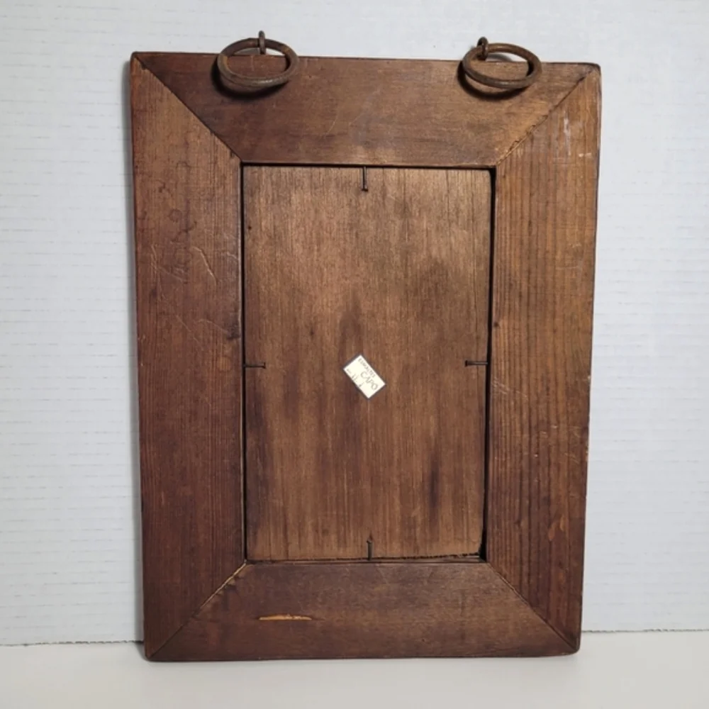 Wooden Mirror with Copper Enamel Decoration by Capo Esmaltes Circa 1960 w Label